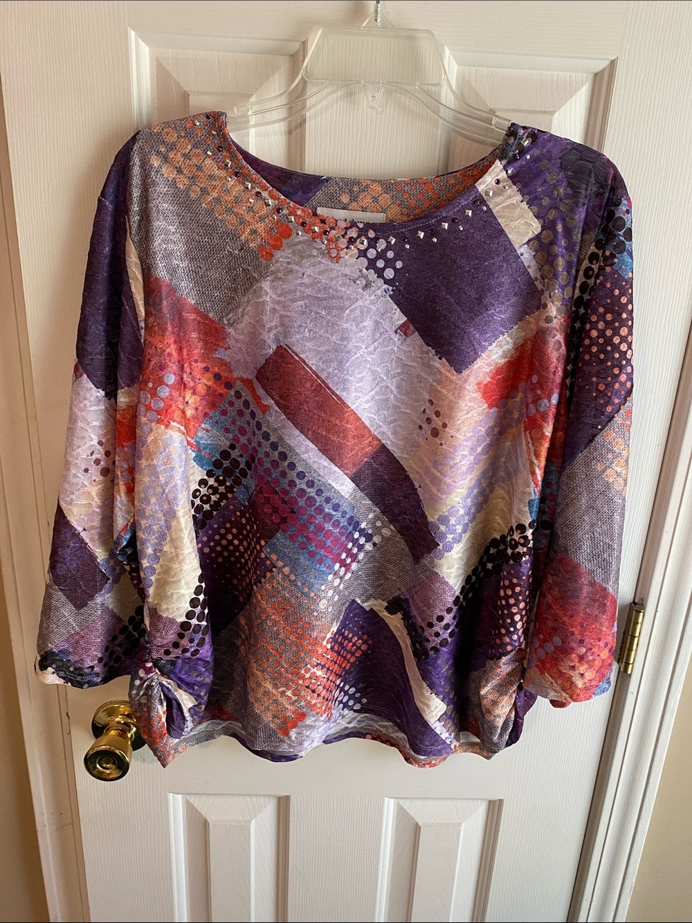 Alfred Dunner Petite Large Purple Abstract Print Long-Sleeve Blouse Embellishmen